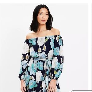 LOFT Navy One-Shoulder Floral Tie-Waist Dress